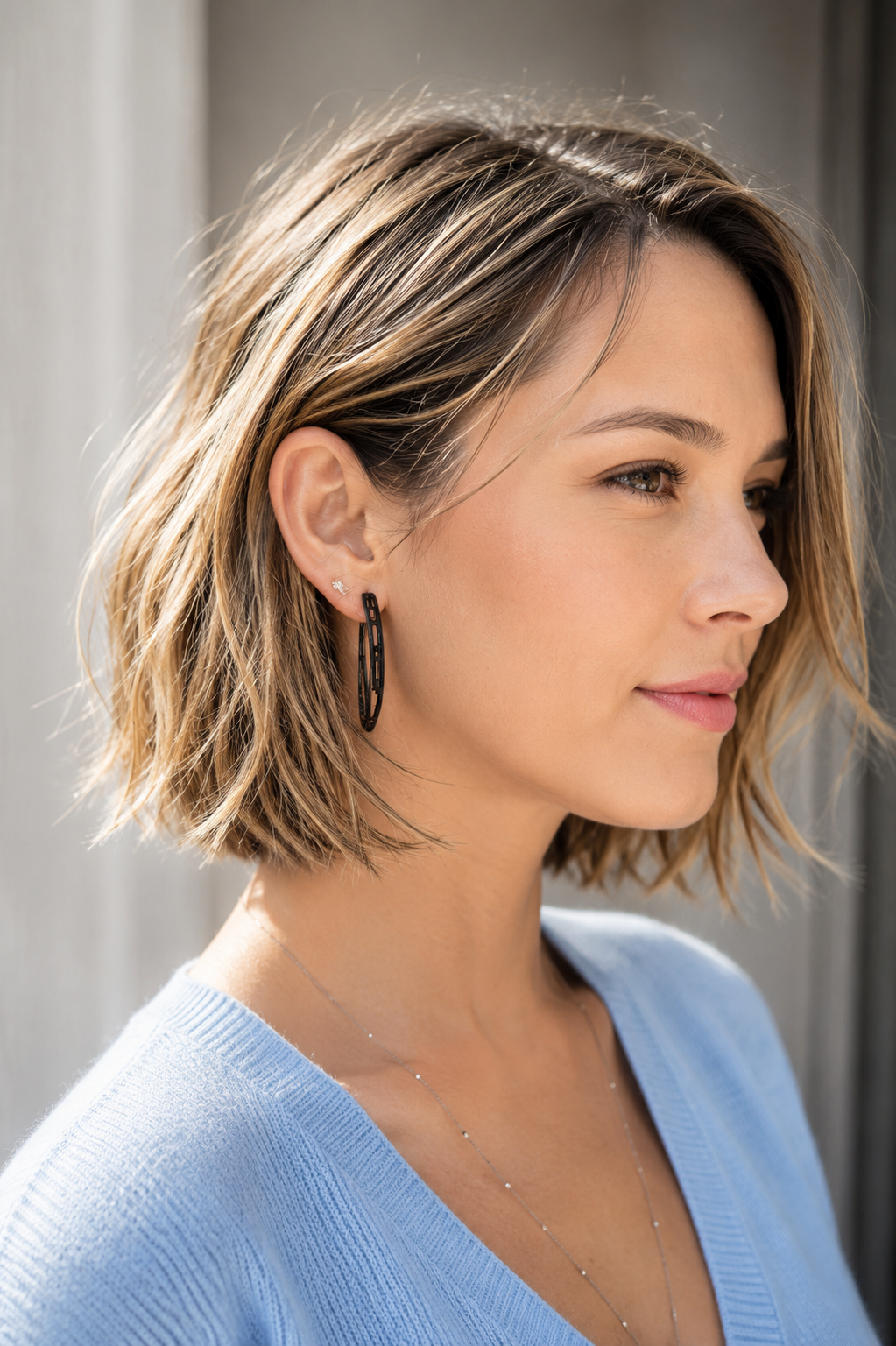 Anneaux COSMOS  noir  à structure ajourée, boucles d’oreilles architecturales  portée avec femme cheveux brun  en ville de Vox et OZ