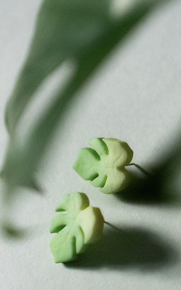 Vue de face des puces d’oreilles en forme de feuille de Monstera, modèle MAUI. Leur design épuré met en valeur les nervures stylisées de la feuille, symbole de fraîcheur et de style botanique.
Chaque boucle est imprimée en 3D à partir de nylon recyclé, puis teintée à la main dans une douce teinte de vert végétal. Un bijou minimaliste, ultraléger et fait au Québec, parfait pour un look naturel et contemporain.