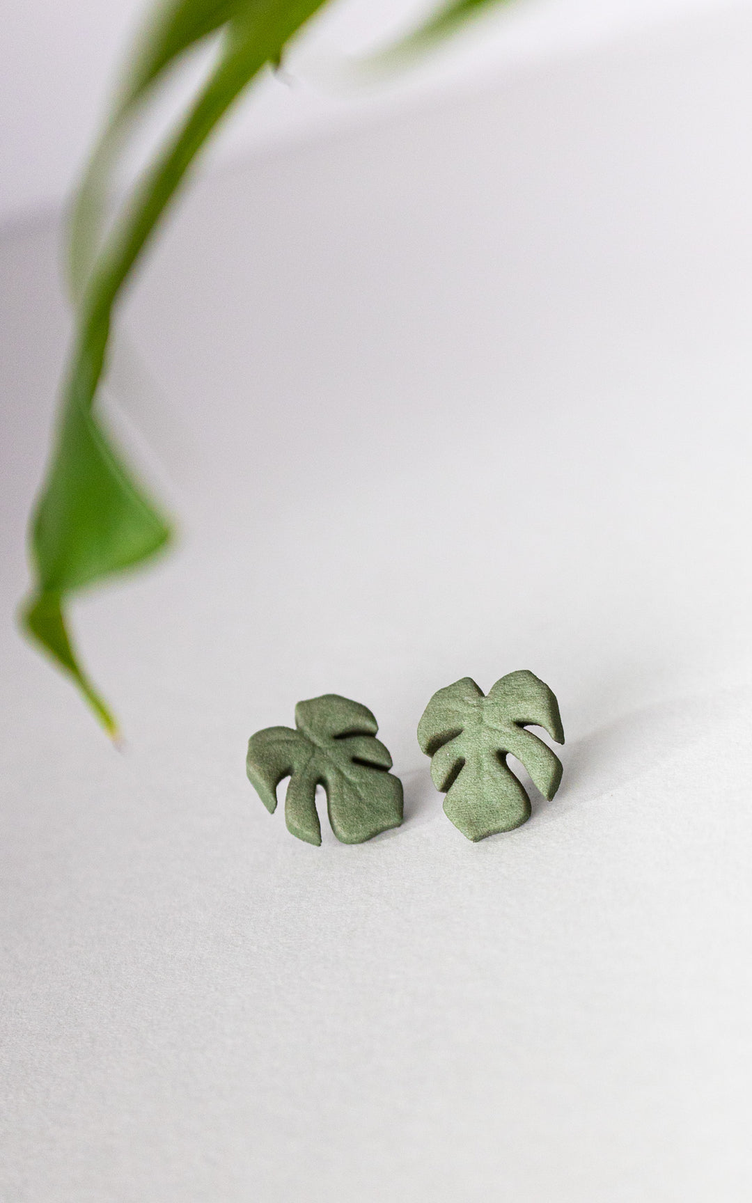 Vue de face des puces d’oreilles en forme de feuille de Monstera, modèle MAUI. Leur design épuré met en valeur les nervures stylisées de la feuille, symbole de fraîcheur et de style botanique.
Chaque boucle est imprimée en 3D à partir de nylon recyclé, puis teintée à la main dans une douce teinte de vert végétal. Un bijou minimaliste, ultraléger et fait au Québec, parfait pour un look naturel et contemporain.