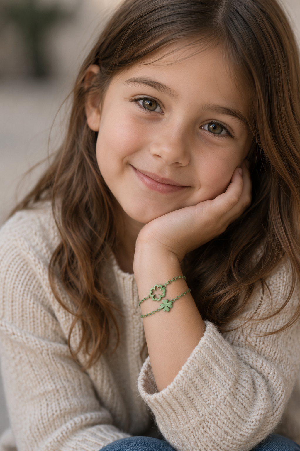 Jeune fille portant le bracelet d'amitié Trèfle vert de Vox & Oz. Bracelet ajustable en nylon recyclé, fabriqué au Québec.