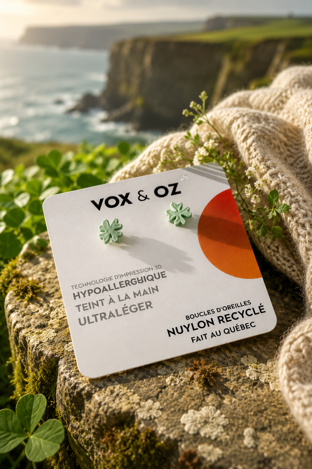 Puces d'oreilles Trèfle à quatre feuilles vertes en nylon recyclé Vox & Oz, photographiées dans un décor botanique inspiré de la nature irlandaise.